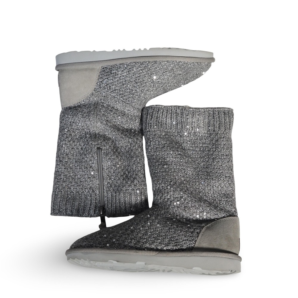 UGG Knit Sequin Side Zip Boots Grey 1104669K Youth 5 Women's 6